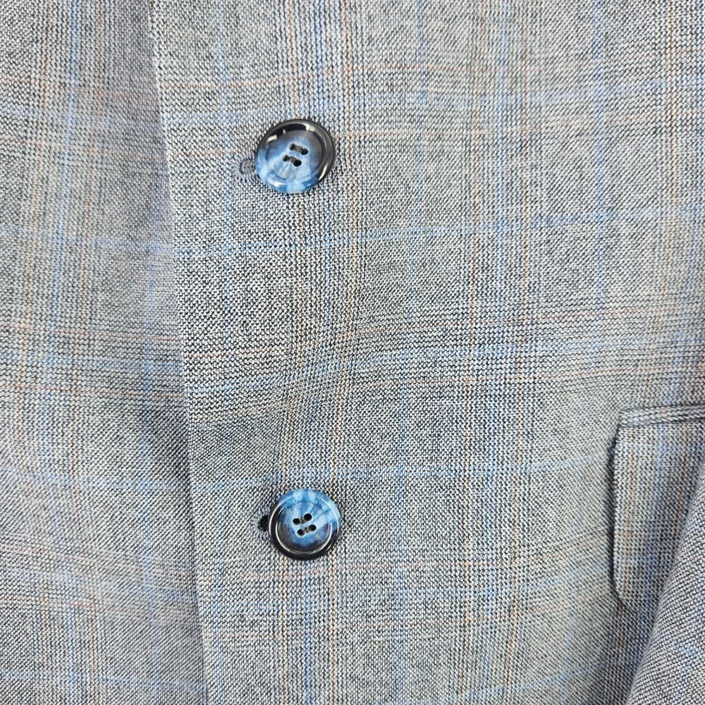 Vintage 80s Blue Grey Glen Plaid‎ 3pc Suit Single Breasted 2 Button Med ~40R-42R